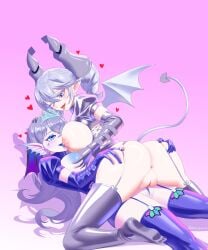2girls absurdres after_kiss anus artist_name ass blue_eyes blush bodysuit breasts cute_fang demon_girl demon_horns demon_tail demon_wings diadem duel_monster female fins garter_straps grabbing_another's_breast grey_eyes grey_hair groping head_fins heart highres horns kitkallos_(yu-gi-oh!) large_breasts latex latex_bodysuit long_hair lovely_labrynth_of_the_silver_castle multiple_girls nipples no_shoes oerba_yun_fang one_eye_closed open_mouth purple_background pussy rare_lemon saliva saliva_trail simple_background smile tail tearlaments_kitkallos thighhighs tongue tongue_out wings yu-gi-oh! yuri