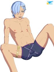 1boy androgynous blue_hair bulge fire_emblem fire_emblem_fates hatsuki_art male male_only masculine muscular nintendo nipples only_male precum shigure_(fire_emblem) skinny solo spread_legs sweat underwear underwear_only