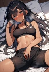 ai_generated bed black_eyes black_hair black_sports_bra female gym_shorts hand_on_crotch heavy_breathing light_blush long_hair looking_at_viewer lying_on_back lying_on_bed medium_breasts on_bed shy solo sports_bra stable_diffusion sweat sweatdrop sweating sweaty tanned