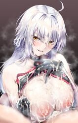 1boy absurdres ahoge ashina_merou breasts breasts_squeezed_together cum cum_everywhere excessive_cum fate/grand_order fate_(series) female grey_hair highres jeanne_d'arc_alter_(fate) jeanne_d'arc_alter_(swimsuit_berserker)_(fate) large_breasts long_hair nipples paizuri paizuri_facial penis straight very_long_hair yellow_eyes