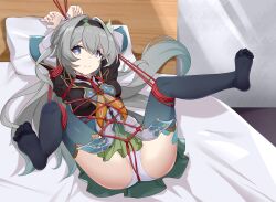 bed bed_bondage bondage firefly_(honkai:_star_rail) gray_hair happy_sub honkai:_star_rail honkai_(series) smile spread_legs thighhighs tied_up