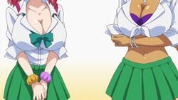 2girls animated arched_back bent_over big_breasts blonde_hair blush bra_cups_sticking_out bracelets breast_focus breast_jiggle breasts brown_eyes cleavage dark-skinned_female female female_only front-tie_top fujinoki_nene green_ribbon green_skirt gyaru hajimete_no_gal huge_breasts jiggling_breasts kuro_gyaru large_breasts leaning_forward lipstick no_sound official_copyright pink_hair purple_bra purple_eyes ranko_honjou rosy_cheeks school_uniform screencap smile tagme tan tan_skin tied_shirt twintails video white_shirt