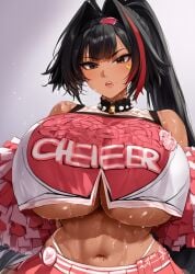 ai_generated bare_shoulders bay_(nikke) big_breasts black_hair blush cheerleader choker gigantic_breasts goddess_of_victory:_nikke highres hollowbeak huge_breasts long_hair ponytail sweat tagme tan tan_body underboob