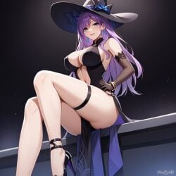 ai_generated big_breasts breasts cleavage cowboy_shot dress female hi_res honkai:_star_rail jade_(honkai:_star_rail) long_hair purple_hair thigh_strap thighs vinzyai