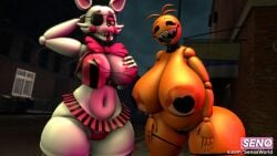 2girls alternate_breast_size animatronic anthro anthro_on anthro_on_anthro areola areolae big_ass big_breasts breasts breasts breasts_bigger_than_head busty chica_(fnaf) fangs female female_focus female_only fishnets five_nights_at_freddy's five_nights_at_freddy's_2 furry furry_ears furry_female furry_only high_resolution highres large_ass large_breasts mangle_(fnaf) massive_breasts nipples robot sfmseno sharp_teeth source_filmmaker stripper taped_nipples taped_pussy toy_chica_(fnaf) video_games