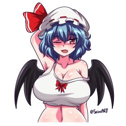 1girls artist_name big_breasts blue_hair breasts cleavage clothed_female hat light-skinned_female oerba_yun_fang red_eyes remilia_scarlet seireiart shirt solo solo_female touhou vampire vampire_girl watermark white_background wings