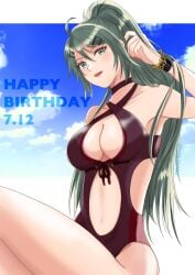 1girls alternate_hairstyle armpits bare_arms bare_thighs black_one-piece_swimsuit black_swimsuit breasts cleavage dated female female_only fire_emblem green_eyes green_hair happy_birthday kurono_kiria large_breasts looking_at_viewer nail_polish nintendo one-piece_swimsuit open_mouth ponytail red_nails smile solo song_bird00 swimsuit thighs tokyo_mirage_sessions_#fe