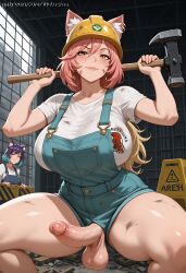2futas ai_generated balls_hang balls_hanging ballsack big_balls big_penis big_thighs blonde_hair cat_ears cock_out cock_worship construction_site construction_worker dickgirl ear_piercing erect_penis erection futa_only futanari hammer hard_cock hazel_eyes hi_res high_quality high_resolution highres huge_breasts mature mature_female mature_futa mature_woman melusina more_at_source original original_character penis_out pierced_ears piercing piercings pink_hair posing posing_for_picture posing_for_the_viewer smile smiley_face smiling smiling_at_viewer smirking thick thick_legs thick_penis thick_thighs thighs wide_hips work_uniform