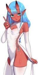 1futa aqua_eyes arm_sleeves blue_hair bulge clothed clothing djwhiteboooty dress ear_piercing elbow_gloves flaccid flat_chest freckles fully_clothed futa_only futanari gloves humanoid long_hair oni oni_horns pelvic_curtain pointy_ears red_skin slit_pupils solo standing sui_(suikisses) thick_thighs thighhighs trans_woman transfem v_sign very_high_resolution white_armwear white_background white_dress white_thighhighs wide_hips