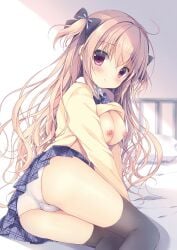 ass bed big_breasts black_thighhighs blonde_hair blush breasts breasts_out doujin_cover doujinshi little_sister long_hair miyasaka_miyu mouth_closed nipples original original_character panties purple_eyes ribbons school_uniform shirt_up sitting skirt smile thighhighs thighs white_panties