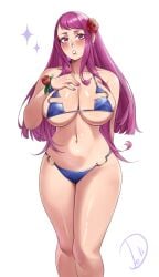 1girls :o absurdres alternate_costume bare_shoulders bikini blue_bikini blue_swimsuit blush breasts cleavage deliciousbra deliciousbrain feet_out_of_frame female female female_only fire_emblem fire_emblem_engage highres ivy_(fire_emblem) large_breasts long_hair looking_at_viewer mole mole_under_mouth navel nintendo pink_eyes purple_eyes purple_hair sideboob simple_background skindentation solo standing stomach swimsuit thighs underboob very_long_hair white_background