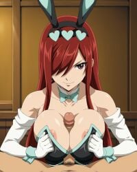 1boy 1girls accurate_art_style ai_generated bunny_ears bunnysuit cleavage erza_scarlet fairy_tail fairy_tail:_dragon_cry huge_breasts large_breasts metalchromex motion_blur motion_lines paizuri partially_clothed patreon pixiv pov pov_eye_contact self_upload titjob