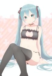 :o ai_generated aqua_eyes aqua_hair bangs bell bell_choker black_bra black_legwear black_panties blush bra breasts cat_cutout cat_lingerie choker cleavage_cutout collarbone female hatsune_miku jingle_bell long_hair looking_at_viewer meme_attire navel panties side-tie_panties sitting solo striped striped_background striped_panties thighhighs twintails underwear underwear_only vertical_stripes very_long_hair