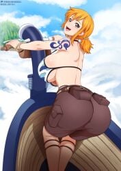 anus ass bare_shoulders big_breasts bikini bikini_top blue_sky blush breasts brown_shorts cloud female female_only large_breasts looking_at_viewer looking_back nami nami_(one_piece) neocoill one_piece orange_hair pants pre-timeskip pussy shaved_pussy shiny_skin shorts shoulder_tattoo sideboob sky sky_island_saga swimsuit tattoo teeth tied_hair upper_teeth_only