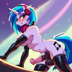 ai_generated concert futanari headphones horsecock horsecock_futanari latex my_little_pony penis thighhighs vinyl_scratch_(mlp)