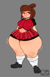 1girls ass belly breasts brown_hair chubby chubby_female female female_focus female_only hips kneesocks krimrath large_ass large_breasts midriff skirt thick_thighs thighs vest wide_hips