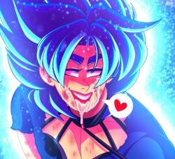 1boy bedroom_eyes blue_aura blue_eyes blue_hair cum_on_face cum_on_tongue dilf dragon_ball dragon_ball_super face_focus femboy femboy_dilf feminine_male gay heart_eyes heart_symbol jah_(artist) open_mouth seductive_look son_goku super_saiyan_blue tan_skin tongue_out tournament_of_power