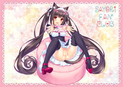 1girls animal_ears anus bell_collar blush brown_hair catgirl chocola_(sayori) dress female female_only happy jpeg_artifacts long_hair maid nekopara panties pillow pussy red_legwear sayori solo tail thighhighs uncensored underwear yellow_eyes