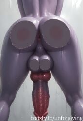 ai_generated anus ass ass_focus big_penis futanari glass knot knotted_penis large_cock large_penis penis penis_against_glass purple_skin sweat sweatdrop testicles water_drop wet