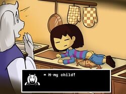 age_difference anthro ass boss_monster caprine clothed clothing duo female food food_penetration food_play frisk goat horn human human_focus mammal oven_mitts pie relatedguy solo_focus text toriel undertale video_games