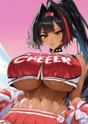 ai_generated bare_shoulders bay_(nikke) big_breasts black_hair blush cheerleader choker gigantic_breasts goddess_of_victory:_nikke highres hollowbeak huge_breasts long_hair ponytail sweat tagme tan tan_body underboob