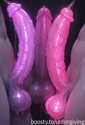 ai_generated cock futanari glowing glowing_genitalia glowing_penis large_cock large_pectorals penis precum testicles threesome veiny_penis