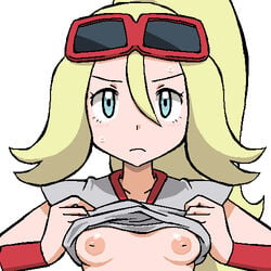 1girls areolae blonde_hair blue_eyes blush breasts breasts_out clothing eyelashes female female_only glasses gomatarou holding human inverted_nipples korrina_(pokemon) long_hair looking_at_viewer nintendo nipples pokemon pokemon_xy shirt shirt_lift small_breasts standing sunglasses sweat sweatband white_background