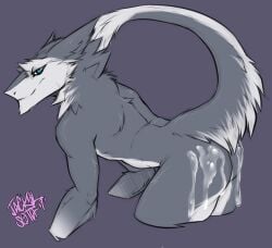 anthro ass bent_over blue_eyes bodily_fluids cum cum_on_butt fur genital_fluids grey_body grey_fur jackalsota long_tail looking_at_viewer male male_only nude raised_tail sergal solo tail