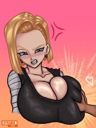1boy 1girls android_18 big_boobs big_breasts blonde blonde_female blonde_hair blonde_hair_female blue_eyes blush blush_lines boobs breast_grab breasts busty cleavage clenched_teeth clenching_teeth clothing disembodied_hand dragon_ball dynamik808 eyelashes female female_only grabbing grabbing_breast grabbing_breasts groping groping_breast groping_breasts huge_breasts large_breasts light-skinned_female light_skin long_sleeves male male_hand png red_earring red_earrings redraw shirt solo unseen_male_face