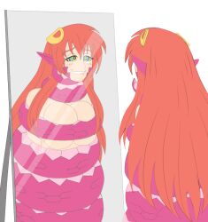 bare_breasts bare_shoulders big_breasts biting_own_lip blush blush_lines boobs_covered breasts breasts_covered cleavage coiling coiling_around_arm coiling_around_body coiling_around_neck coiling_around_torso coiling_self colorful_eyes colourful fangs fangs_out female gif hair_clip hair_clips hairclip hairclips hypnosis hypnosis_eyes hypnosis_fetish hypnotic hypnotic_eyes hypnotized_eyes hypnotized_female lamia light-skinned_female light_skin long_hair looking_at_mirror miia_(monster_musume) mirror mirror_reflection mirror_selfie monster_girl monster_musume_no_iru_nichijou naga naked naked_female overboob pointed_ears pointed_teeth pointy_ears pressing_breasts pressing_breasts_together red_hair scale scales scales_on_face self_coiling self_hypnosis snake_girl snake_humanoid snake_tail soft_boobs soft_breasts teeth teeth_clenched teeth_showing teeth_visible tight_grip underboob white_background wrapped wrapped_arms wrapped_body wrapped_tail wrapped_up yellow_hair_clips yellow_hairclip