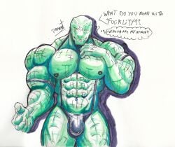 abs anthro barazoku blood bodily_fluids bulge claws clothed clothing dialogue finger_claws genitals green_body harness hi_res latex latex_clothing male male_only mortal_kombat muscular muscular_anthro muscular_male nipples partially_clothed pinumontbalou reptile reptile_(mortal_kombat) scales scalie solo speech_bubble thinking topwear underwear wounded