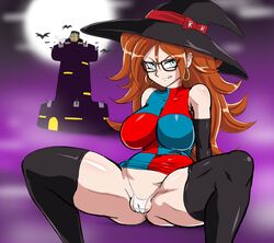 1boy alternate_legwear android_21 android_21_(human) android_8 bare_shoulders bat between_labia black-framed_eyewear black_legwear blue_eyes breasts cameltoe curly_hair darm_engine dragon_ball dragon_ball_fighterz dress dress_lift earrings female glasses halloween halloween_costume hat hoop_earrings innie_pussy jewelry large_breasts licking_lips moon multicolored multicolored_clothes multicolored_dress panties red_hair seductive_smile sitting smile spread_legs thighhighs thong tongue tongue_out underwear white_underwear witch_hat