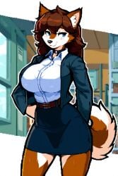 ai_generated animal_ears animal_nose anthro anthro_only blouse blue_eyes brown_hair button_up_shirt collar female_focus furry furry_breasts furry_female furry_only hair_between_eyes hourglass_figure jacket large_breasts long_hair majorfluffy mature_anthro mature_female narrow_thighs narrow_waist novelai office office_lady office_wear pixel pixel_art shiba_inu skirt smile solo solo_anthro solo_female tagme tight_clothes tight_fitting_clothing tight_skirt wide_hips