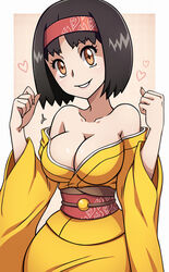 1girls breasts cleavage clothed dmy-gfx erika_(pokemon) erika_(pokemon_hgss) female female_only fully_clothed gym_leader human human_only japanese_clothes kimono looking_at_viewer nintendo off_shoulder pokemon pokemon_frlg pokemon_rgby scott_bennett smile solo source_request tagme text watermark yukata