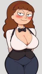 1female 1girls ai_generated arms_behind_back aroused aroused_face aroused_female aroused_smile awlnsfw bangs bedroom_eyes black_eyes blue_pants blush blush blush_lines blushing_at_viewer blushing_profusely bowtie bowtie_collar brown_hair button_down_shirt cleavage collarbone curvy curvy_body curvy_female curvy_figure curvy_hips curvy_thighs cute detective eyebrows female female_focus female_only genderswap_(mtf) hands_behind_back horny horny_female light-skinned_female light_skin looking_at_viewer medium_hair morticia_smith morty_smith pinup presenting presenting_breasts red_hairband rick_and_morty rule63 rule_63 rule_63 self_upload shiny_breasts shiny_skin shoulder_strap simple_background smile smiling_at_viewer solo_female solo_focus standing thick_thighs tight_clothing white_shirt wide_hips yellow_shirt
