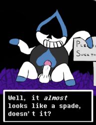 1boy 2018 2d balls clothing deltarune digital_media english english_text erect_penis erection grass humanoid_penis kuponutters lancer_(deltarune) male male_focus male_only no_humans penis sign sitting smile smiling solo solo_focus solo_male spade teeth testicles text undertale_(series) unknown_species video_games