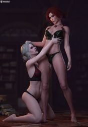 2girls 3d ciri female light-skinned_female lingerie missally multiple_girls panties red_hair the_witcher_(series) the_witcher_3:_wild_hunt triss_merigold underwear white_hair yuri