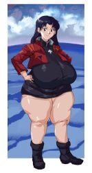 1girls bamboo_ale breasts fat female huge_breasts misato_katsuragi neon_genesis_evangelion obese rei_ayanami shinji_ikari thick_thighs thighs