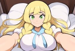 ai_generated bed bedroom big_breasts blonde_hair female lillie_(pokemon) mullon novelai pokemon pokemon_sm pov reaching_towards_viewer smile