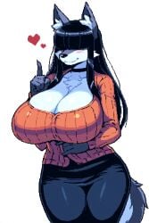 ai_generated animal_ears animal_nose anthro anthro_only bangs_over_eyes black_choker black_hair blush canid canine choker cleavage female_focus furry furry_breasts furry_female furry_only giant_breasts hair_over_eyes heart hourglass_figure long_hair majorfluffy mature_anthro mature_female milf mother novelai pixel pixel_art skirt smile solo solo_anthro solo_female square_bangs straight_hair tagme tight_clothing white_background white_body white_fur wolf wolf_girl