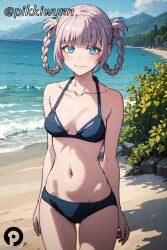 ai_generated ass_visible_through_thighs bangs bare_shoulders beach bikini black_bikini blue_bikini blue_eyes blue_sky blunt_bangs blush braid breasts call_of_the_night closed_mouth cloud collarbone cowboy_shot day female grey_hair hair_rings halterneck looking_at_viewer medium_breasts nanakusa_nazuna navel ocean outdoors pikkiwynn sky small_breasts smile solo swimsuit thighs tree water yofukashi_no_uta