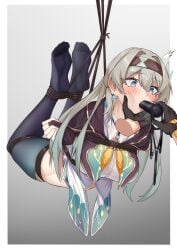 1girls ball_gag blush bondage bound dildo_gag disembodied_hand embarrassed female female_only firefly_(honkai:_star_rail) flowerscur gag gagged gray_hair honkai:_star_rail honkai_(series) rope stockings suspended suspended_in_midair suspension_bondage thighhighs tied_up