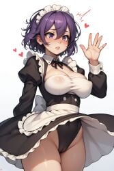 ai_generated apron background between black blush breasts cameltoe covered cowboy dress eyes female frills hair headdress heart highleg juliet juswa large leotard lift lips long maid navel nipples parted puffy purple short shot sleeves solo white wind