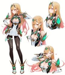 ai_generated armor bangs bare_shoulders blonde_hair blush breasts cleavage cleavage_cutout dress drowsy_sheep earrings elbow_gloves female gloves headpiece jewelry kitagawa_marin large_breasts long_hair looking_at_viewer mythra_(cosplay) mythra_(xenoblade) one_eye_closed pantyhose red_eyes short_dress simple_background smile sono_bisque_doll_wa_koi_wo_suru swept_bangs thigh_strap tiara white_background white_dress xenoblade_(series) xenoblade_chronicles_2 yellow_eyes