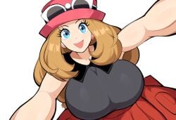 ai_generated blue_eyes breasts_bigger_than_head brown_hair female hat huge_breasts looking_at_viewer mullon novelai pokemon pokemon_xy reaching_towards_viewer serena_(pokemon) skirt smile smiling smiling_at_viewer solo top_heavy