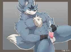 2018 abs anthro biceps black_nose blitzclaw canine chest_tuft clothing fingerless_gloves fur gloves gundam hair hi_res male male_only mammal muscular muscular_male pecs tigerwolf_(gundam_build_divers) tuft wolf