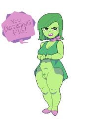 chubby disgust_(inside_out) disgusting english_text green_skin hairy_pussy inside_out nipple_bulge no_panties pixel_art pussy text thick_thighs upskirt