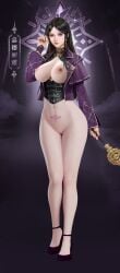 black_hair cattleya_(lord_of_the_mysteries) corset crotch_tattoo exposed_breasts functionally_nude high_heels large_breasts lord_of_the_mysteries no_bra no_panties purple_eyes purple_robe