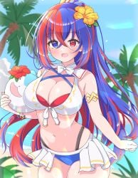 1girls :d alear_(female)_(fire_emblem) alear_(female)_(seaside_dragon)_(fire_emblem) alear_(fire_emblem) alternate_costume alternate_hairstyle asage_(asgsn) bare_arms beach bikini blue_bikini blue_eyes blue_hair blue_swimsuit breasts character_ball cleavage crossed_bangs female female female_only fire_emblem fire_emblem_engage fire_emblem_heroes flower hair_between_eyes hair_flower hair_ornament heterochromia highres large_breasts long_hair multicolored_clothes multicolored_hair nintendo ocean official_alternate_costume official_alternate_hairstyle open_mouth outdoors palm_tree ponytail red_bikini red_eyes red_hair red_swimsuit smile sommie_(fire_emblem) split-color_hair swimsuit thighs tree two-tone_hair white_bikini white_swimsuit