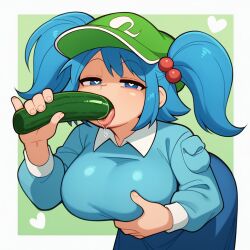 1girls ai_generated big_breasts blue_hair breasts cucumber cucumber_dildo cucumber_fellatio cucumber_in_mouth female hat heart heart-shaped_pupils looking_at_viewer nitori_kawashiro saliva sexually_suggestive simulated_fellatio solo solo_female stable_diffusion sucking tongue touhou twintails